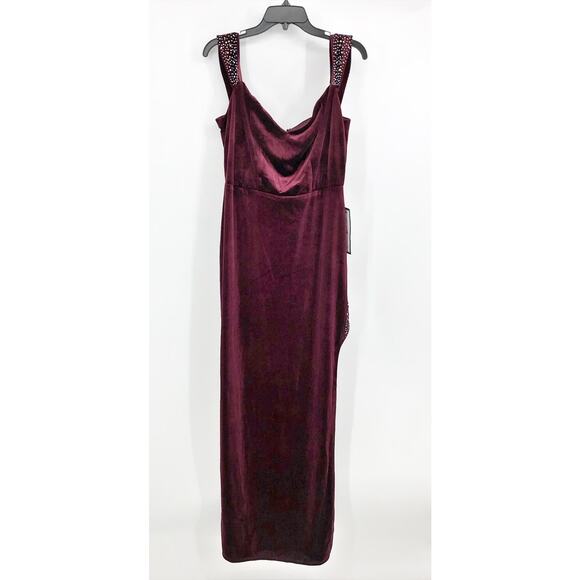 City Studio Womens Off The Shoulder Rhinestone Long Dress 16W Burgundy Slit NWT - Picture 3 of 8